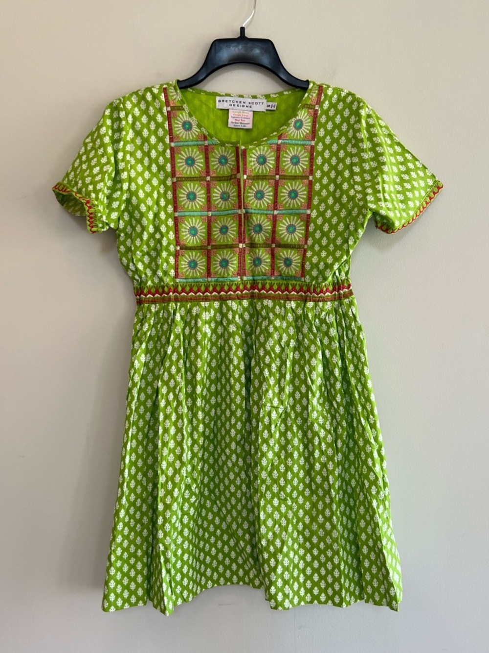 Gretchen Scott Cotton Embroidered Fit & Flare Green Print Short Sleeve Dress, S